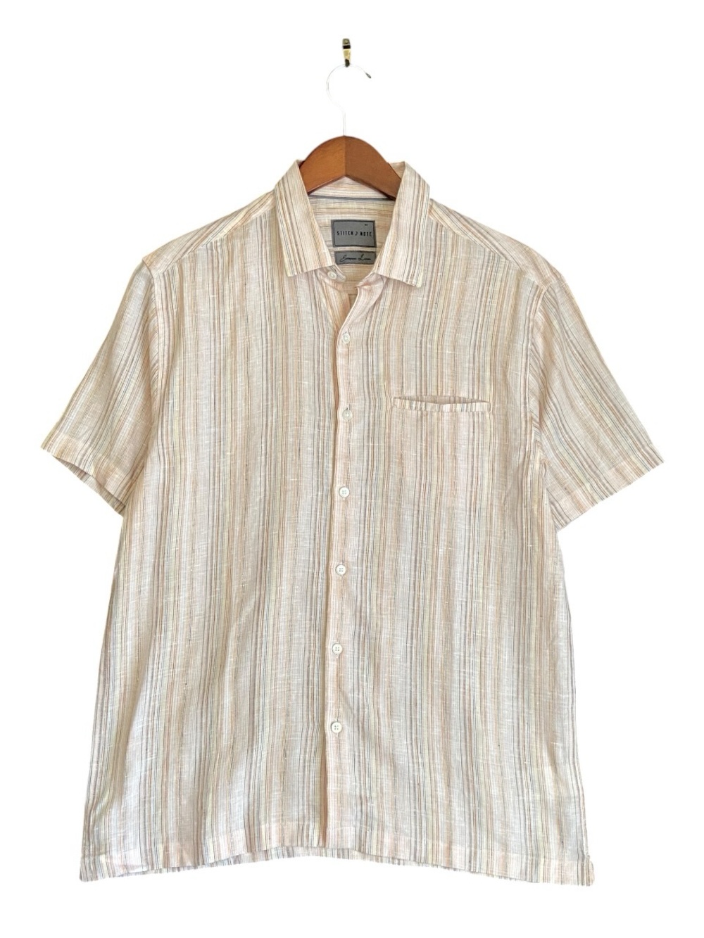 Stitch Note | Men’s Linen Multicolored Pastel Striped Button Up Shirt | Size M